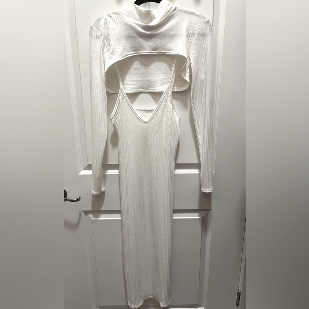 Pretty little thing white dress set with attached mock collar top- BRAND NEW